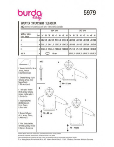Patron Burda 5979 - Sweat-shirt à capuche décontractés et confortables proposés en trois longueurs du 34 au 48