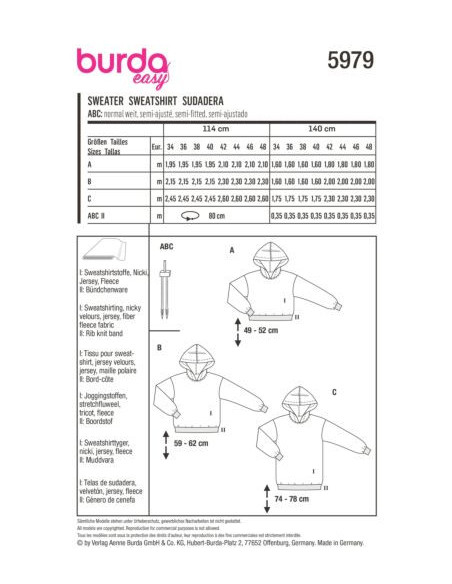 Patron Burda 5979 - Sweat-shirt à capuche décontractés et confortables proposés en trois longueurs du 34 au 48