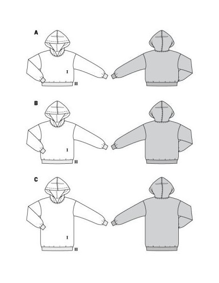 Patron Burda 5979 - Sweat-shirt à capuche décontractés et confortables proposés en trois longueurs du 34 au 48