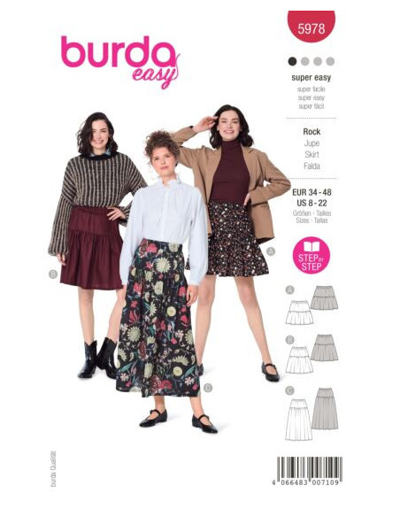 Patron Burda 5978 - Jupe à étage avec une coulisse élastiquée du 34 au 48