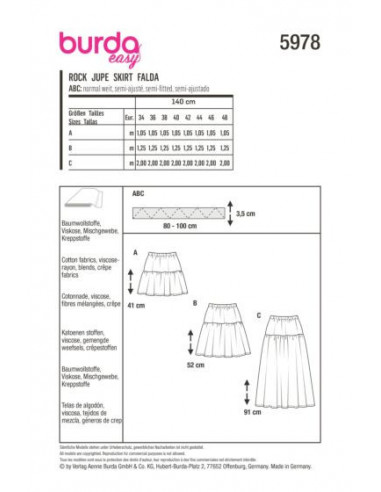 Patron Burda 5978 - Jupe à étage avec une coulisse élastiquée du 34 au 48