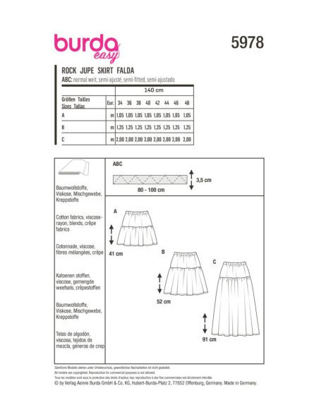 Patron Burda 5978 - Jupe à étage avec une coulisse élastiquée du 34 au 48