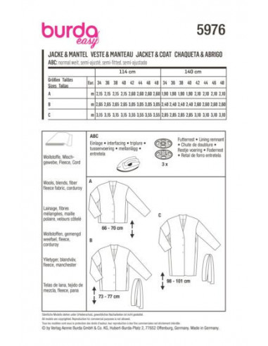 Patron Burda 5976 - Veste & manteau dcontractés, sans col et avec encolure en V du 34 au 48