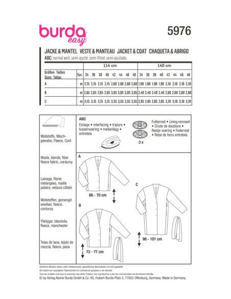 Patron Burda 5976 - Veste & manteau dcontractés, sans col et avec encolure en V du 34 au 48