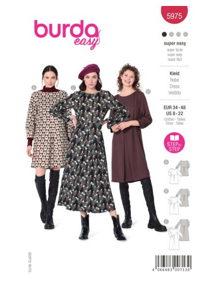 Patron Burda 5975 - Robe à encolure bateau et manches à poignet du 34 au 48
