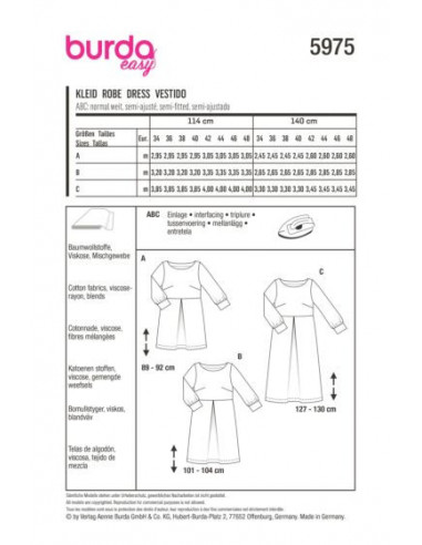 Patron Burda 5975 - Robe à encolure bateau et manches à poignet du 34 au 48