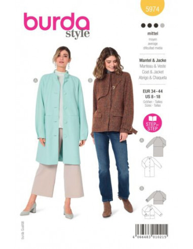 Patron Burda 5974 - Veste & manteau à manches raglan et col droit du 34 au 44