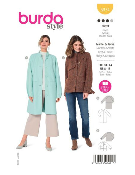 Patron Burda 5974 - Veste & manteau à manches raglan et col droit du 34 au 44