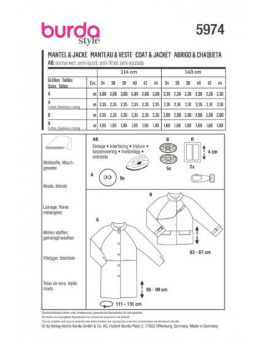 Patron Burda 5974 - Veste & manteau à manches raglan et col droit du 34 au 44