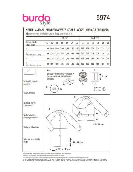 Patron Burda 5974 - Veste & manteau à manches raglan et col droit du 34 au 44