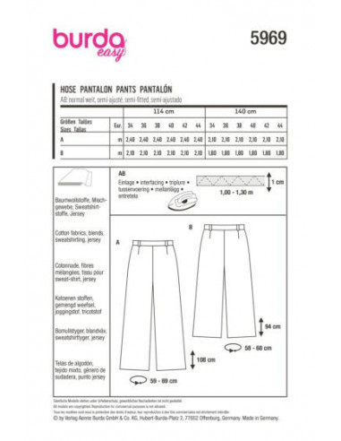 Patron Burda 5969 - Pantalon avec coulisse dos élastique, jambes amples du 34 au 44