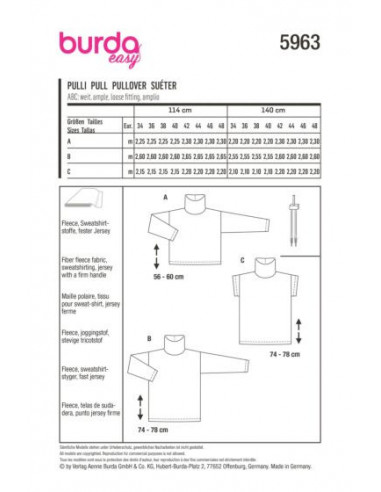 Patron Burda 5963 - Pull à col roulé avec variations du 34 au 48