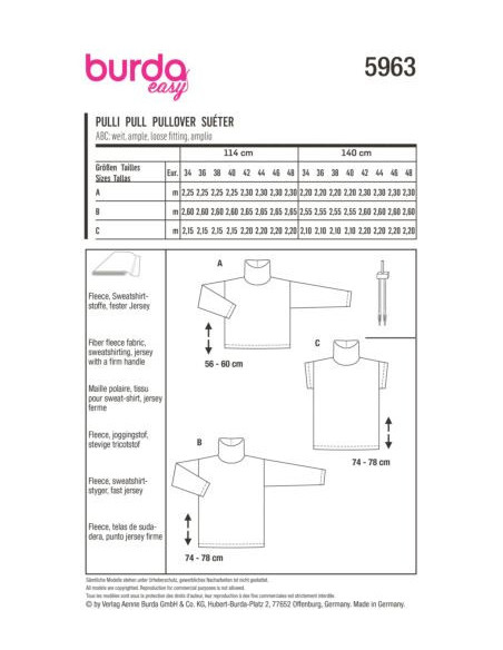 Patron Burda 5963 - Pull à col roulé avec variations du 34 au 48
