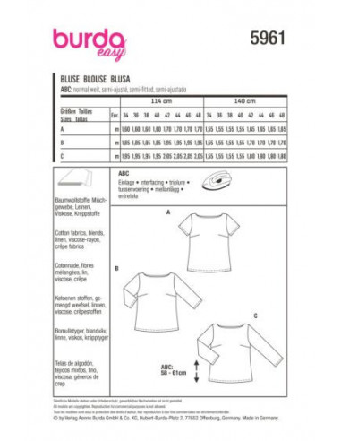 Patron Burda 5961 - Blouse sobre avec pinces et encolure arrondie du 34 au 48