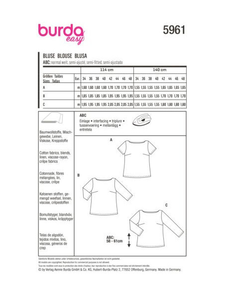 Patron Burda 5961 - Blouse sobre avec pinces et encolure arrondie du 34 au 48
