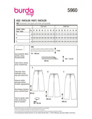 Patron Burda 5960 - Pantalon ultra pratique avec coupe droite du 34 au 48