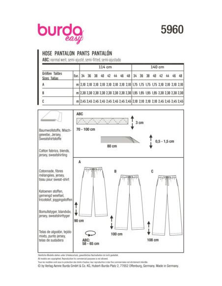 Patron Burda 5960 - Pantalon ultra pratique avec coupe droite du 34 au 48