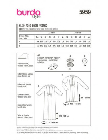 Patron Burda 5959 - Robes de diffétentes longueurs du 34 au 44