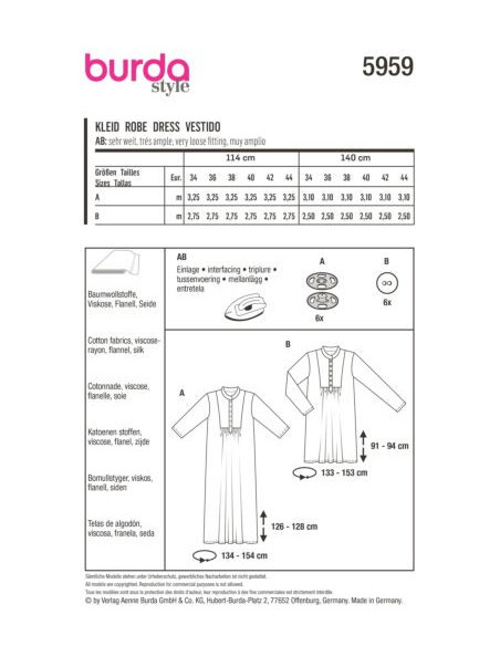 Patron Burda 5959 - Robes de diffétentes longueurs du 34 au 44