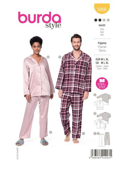 Patron Burda 5956 - Pyjama UNISEX classique et confortable pour elle et lui (M, L, XL)