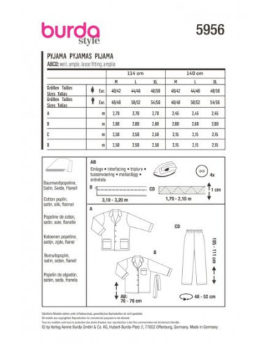 Patron Burda 5956 - Pyjama UNISEX classique et confortable pour elle et lui (M, L, XL)