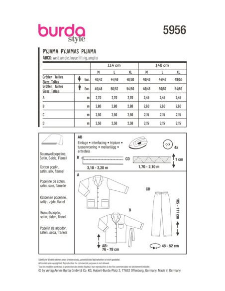 Patron Burda 5956 - Pyjama UNISEX classique et confortable pour elle et lui (M, L, XL)