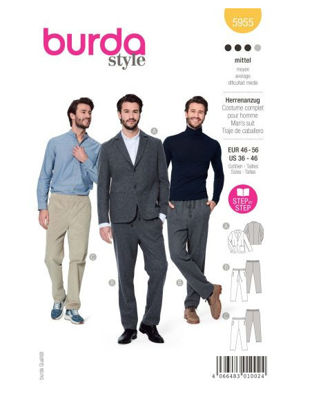 Patron Burda 5955 - Costume homme avec pantalon décontracté et veste classique du 46 au 56