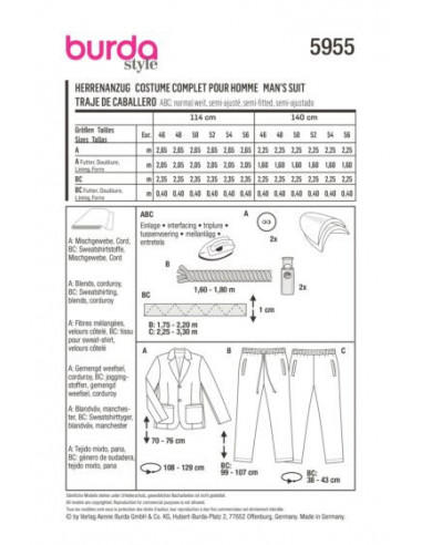 Patron Burda 5955 - Costume homme avec pantalon décontracté et veste classique du 46 au 56