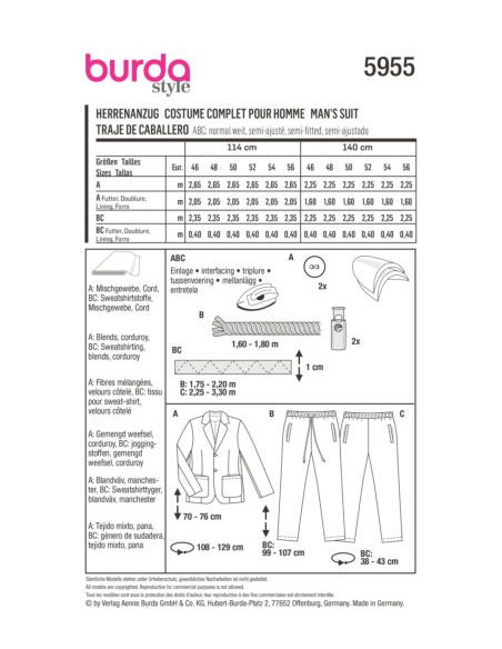 Patron Burda 5955 - Costume homme avec pantalon décontracté et veste classique du 46 au 56