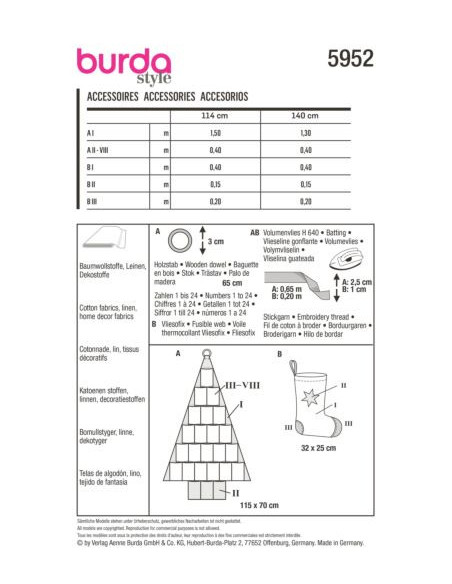 Patron Burda 5952 - Accessoires, calendrier de l'avent en forme de sapin