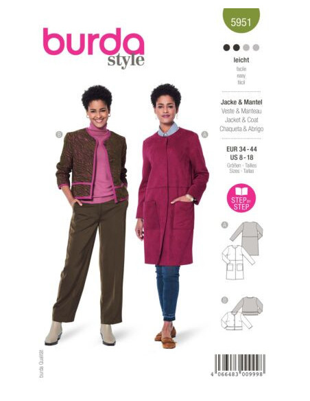 Patron Burda 5951 - Veste courte carrée & manteau sans col du 34 au 44