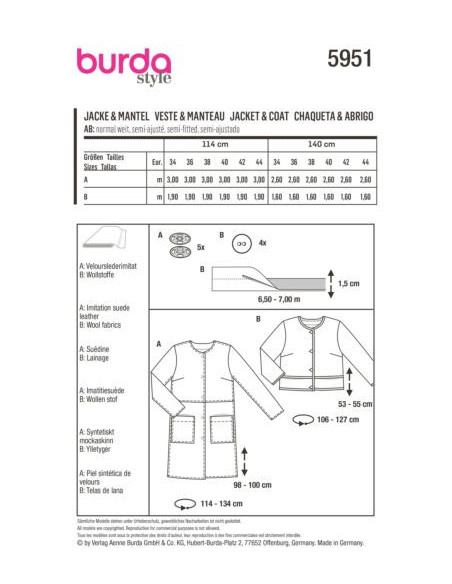 Patron Burda 5951 - Veste courte carrée & manteau sans col du 34 au 44