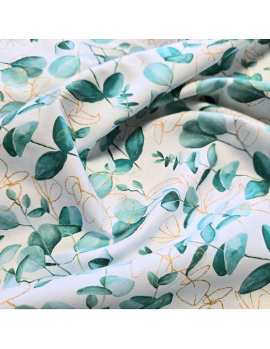 Tissu, Popeline de Coton Feuilles d'Eucalyptus, Vert Grisé, Laize 150 cm, 100% Coton 115g/m²