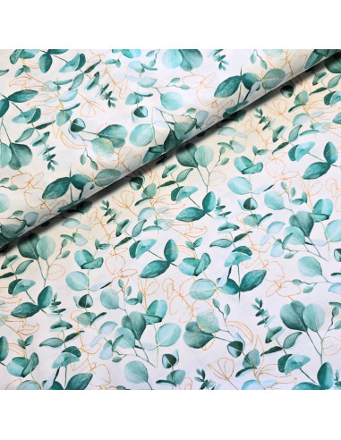 Tissu, Popeline de Coton Feuilles d'Eucalyptus, Vert Grisé, Laize 150 cm, 100% Coton 115g/m²