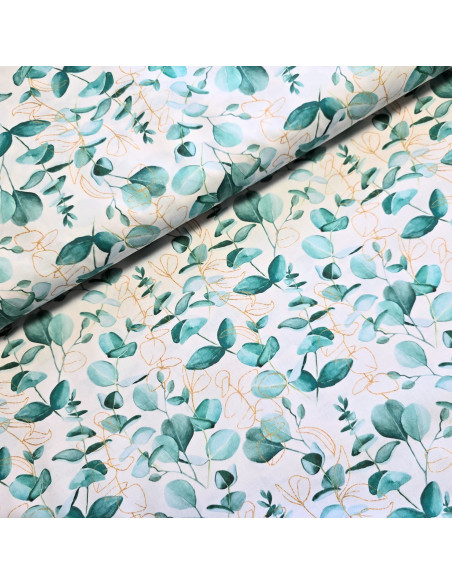 Tissu, Popeline de Coton Feuilles d'Eucalyptus, Vert Grisé, Laize 150 cm, 100% Coton 115g/m²