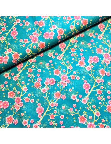 Tissu, Popeline de Coton, Fleurs de Cerisier Japonais, Laize 150 cm, 100% Coton 115g/m²