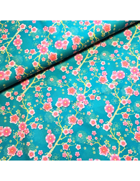 Tissu, Popeline de Coton, Fleurs de Cerisier Japonais, Laize 150 cm, 100% Coton 115g/m²