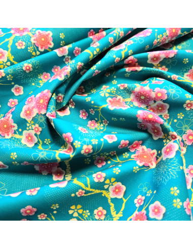 Tissu, Popeline de Coton, Fleurs de Cerisier Japonais, Laize 150 cm, 100% Coton 115g/m²