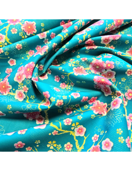 Tissu, Popeline de Coton, Fleurs de Cerisier Japonais, Laize 150 cm, 100% Coton 115g/m²