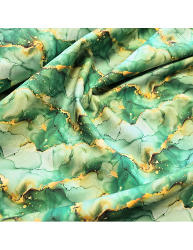 Popeline de coton, impression digitale, marbré doré, vert