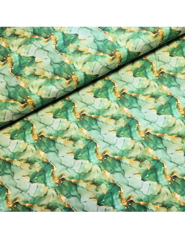 Tissu, Popeline de Coton, Marbré Doré Vert, Laize 150 cm, 100% Coton 115g/m²
