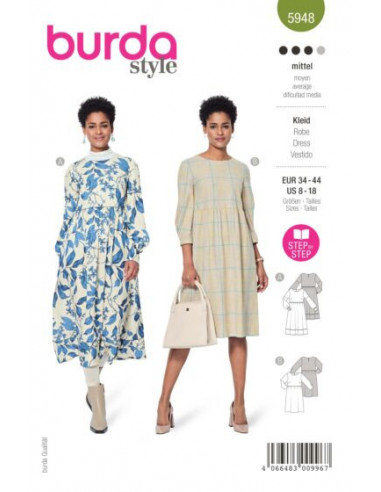 Patron Burda 5948 - Robe taille haute et encolure ronde du 34 au 44