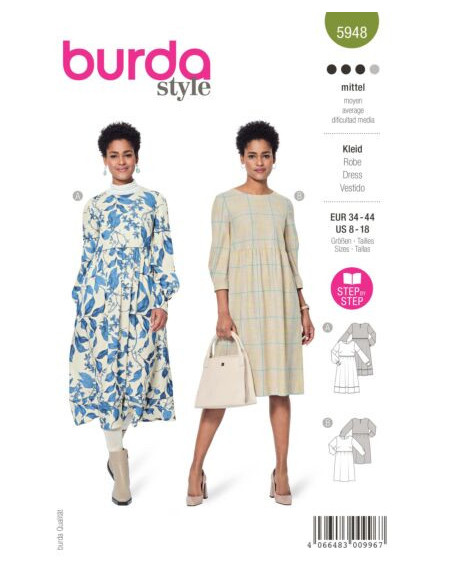Patron Burda 5948 - Robe taille haute et encolure ronde du 34 au 44