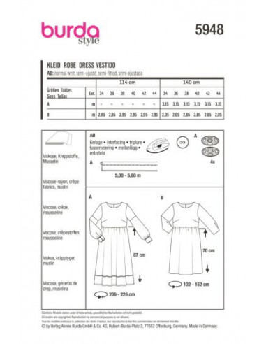 Patron Burda 5948 - Robe taille haute et encolure ronde du 34 au 44