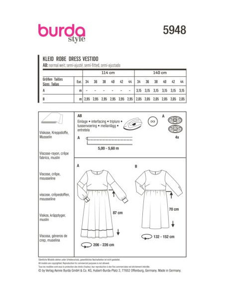 Patron Burda 5948 - Robe taille haute et encolure ronde du 34 au 44