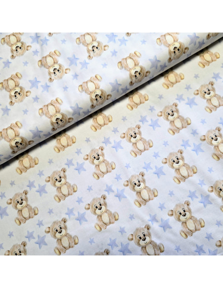 Tissu, Popeline de Coton, Motif Ourson, Laize 150 cm, 100% Coton 115g/m²