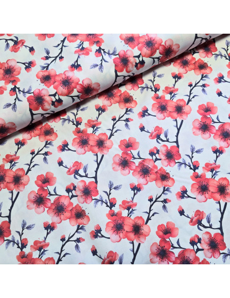 Tissu, Popeline de Coton Cerisier Japonais, Rouge, Laize 150 cm, 100% Coton 115g/m²