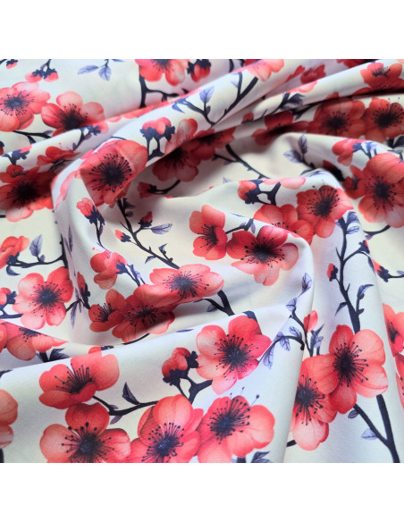 Tissu, Popeline de Coton Cerisier Japonais, Rouge, Laize 150 cm, 100% Coton 115g/m²
