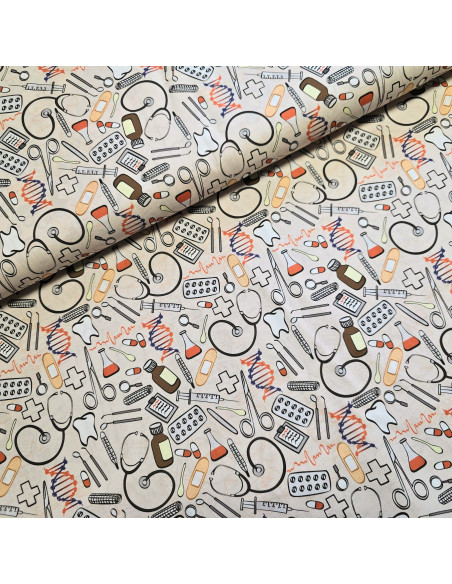 Tissu, Popeline de Coton, Motif Médical, Laize 150 cm, 100% Coton 115g/m²