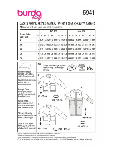 Patron Burda 5941 - Veste sportive & manteau classique du 34 au 48
